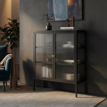 Vitrinen-Sideboard Vinterhavn Stahl 2-türig 100x80x30 cm Schwarz [en.casa]