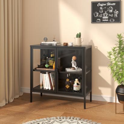 Vitrinen-Sideboard Borshavisa Stahl 2-türig 80x80x35 cm Schwarz [en.casa]