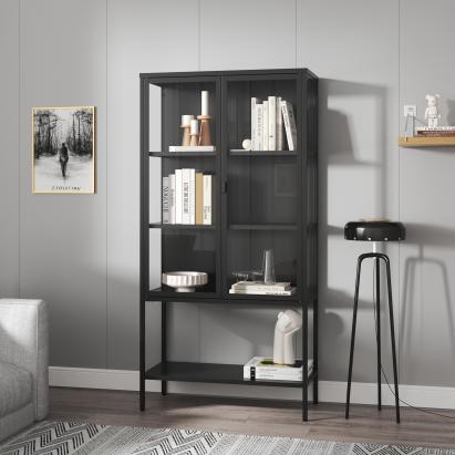 Vitrină living Borshavisa din metal și sticlă, 2 uși, negru, 160x80x35 cm