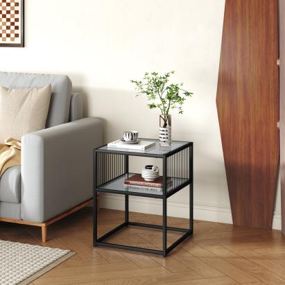 Măsuță laterală Tronevn cu blat din sticlă și raft, 50x40x40 cm, neagră