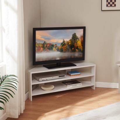 Masă TV de colț Berg 110x36x42 cm albă, cu 2 rafturi, [en.casa]