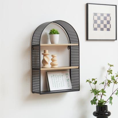 Raft de perete Jäller cu 3 polițe, design arcuit, negru, 53x35x14 cm