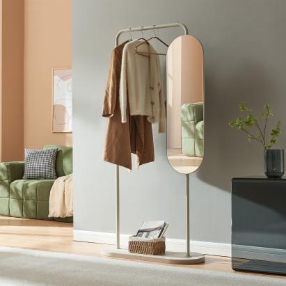 Cuier de podea Vamn cu oglindă rotativă, sand, 167x80x35 cm