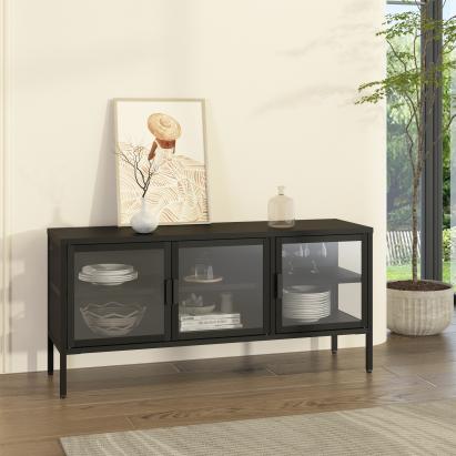 Vitrinen-Sideboard Borshavisa Stahl 3-türig 55x118x35 cm Schwarz [en.casa]