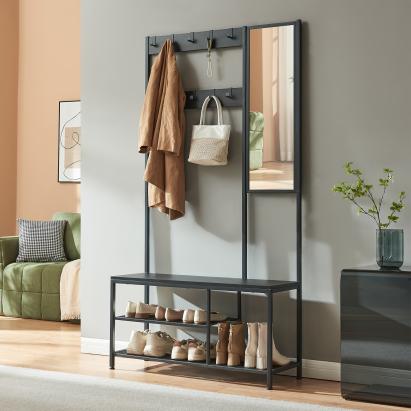 Cuier de hol cu oglindă, bancă și pantofar Napinerg 185x98x34 cm negru