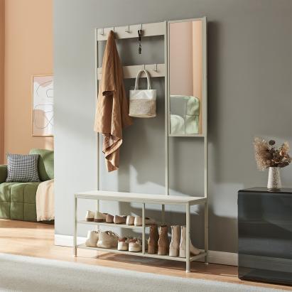 Cuier de hol cu oglindă, bancă și raft pentru pantofi, bej nisipiu