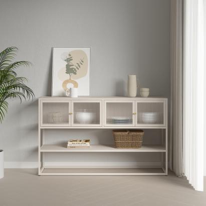 Sideboard Säkylä mit 4 Glastüren 150x38x90 cm Stahl Kamelfarben [en.casa]