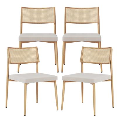 Set 4 scaune dining bej cu spătar aspect ratan și șezut tapițat