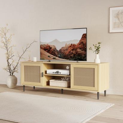 Comodă TV Lukhomso 152x40x54 cm, aspect stejar și ratan