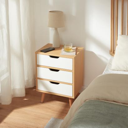 Noptieră cu 3 sertare, finisaj stejar și alb, 55x40x30 cm