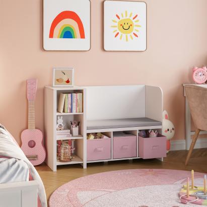 Bibliotecă pentru copii cu băncuță și cutii depozitare, alb/roz, 112 cm