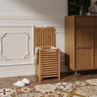 Cos de rufe din bambus 64 L Jystiand, cu capac si sac detasabil