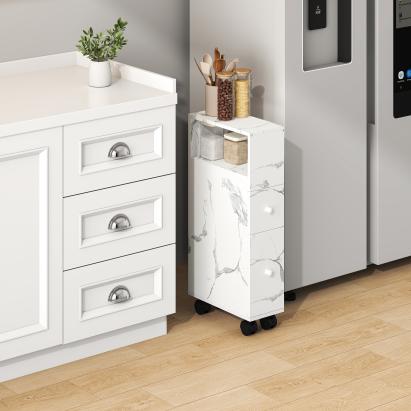 Dulap îngust cu roți pentru nișe Broreynna 66x15x33 cm, alb marmorat