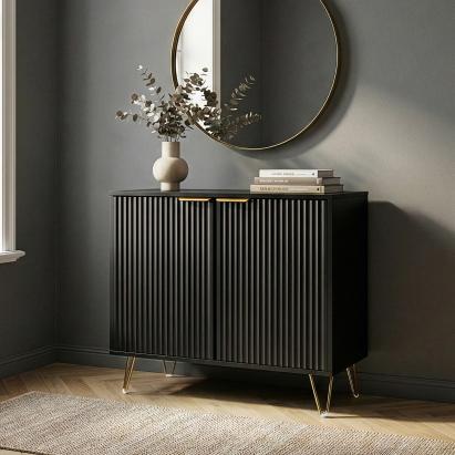 Comodă auxiliară neagră cu uși riflate și picioare metalice 80 cm