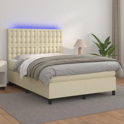 Pat cu arcuri, saltea și LED, crem, 140x200 cm, piele eco GartenMobel Dekor