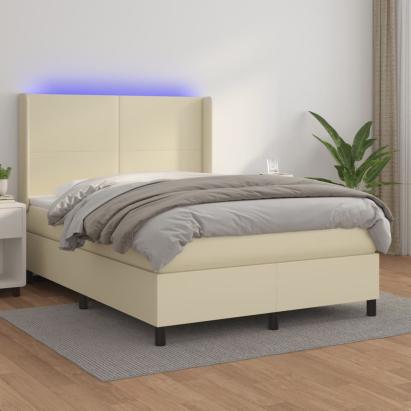 Pat cu arcuri, saltea și LED, crem, 140x200cm, piele ecologică GartenMobel Dekor