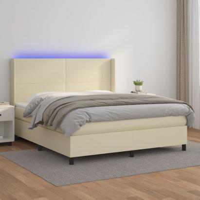 Pat cu arcuri, cu saltea și LED, crem, 180x200 cm, piele eco GartenMobel Dekor