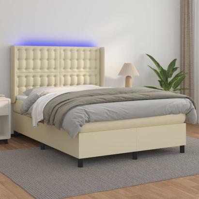 Pat cu arcuri, cu saltea & LED, crem, 140x190 cm, piele eco GartenMobel Dekor