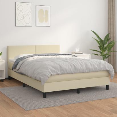 Pat box spring cu saltea, crem, 140x190 cm, piele ecologică GartenMobel Dekor