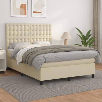 Pat box spring cu saltea, crem, 140x190 cm, piele ecologică GartenMobel Dekor
