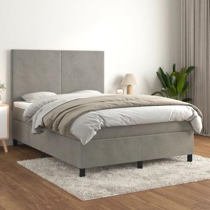 Pat box spring cu saltea, gri deschis, 140x190 cm, catifea GartenMobel Dekor