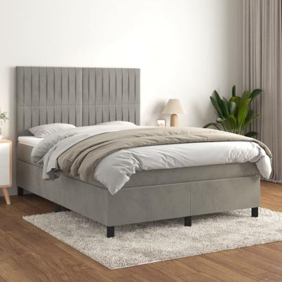 Pat box spring cu saltea, gri deschis, 140x190 cm, catifea GartenMobel Dekor