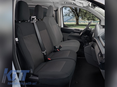 Tapițerie Kegel Tailor Made potrivită pentru două scaune din față 1+1 pe Ford Transit Custom, Volkswagen T7 după 2024, neagră cu gri Performance AutoTuning