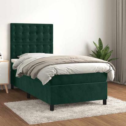Pat box spring cu saltea, verde închis, 90x200 cm, catifea GartenMobel Dekor