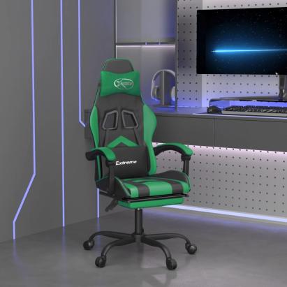 Scaun de gaming cu suport picioare negru/verde, piele ecologică GartenMobel Dekor