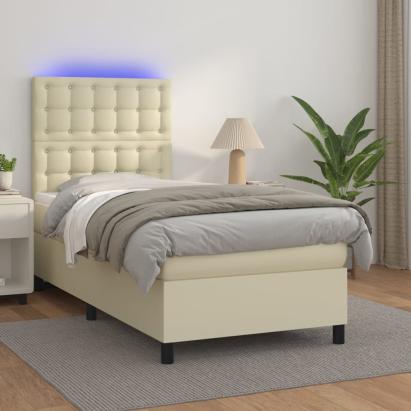 Pat cu arcuri, cu saltea și LED, crem, 90x200 cm, piele eco GartenMobel Dekor