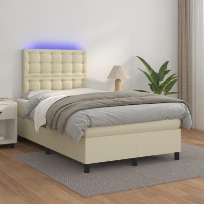 Pat cu arcuri, saltea și LED, crem, 120x200 cm, piele ecologică GartenMobel Dekor