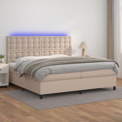 Pat cu arcuri, cu saltea și LED cappuccino 200x200 cm piele eco GartenMobel Dekor