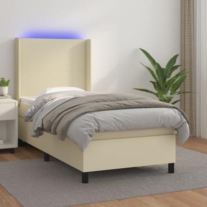 Pat cu arcuri, saltea și LED, crem, 90x190 cm, piele ecologică GartenMobel Dekor