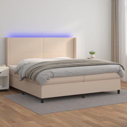 Pat cu arcuri, saltea și LED, cappuccino, 200x200 cm, piele eco GartenMobel Dekor