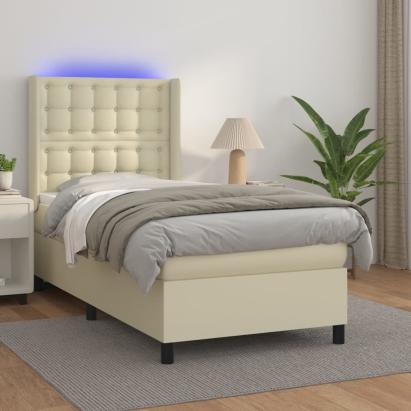 Pat cu arcuri, saltea și LED, crem, 90x190 cm, piele ecologică GartenMobel Dekor