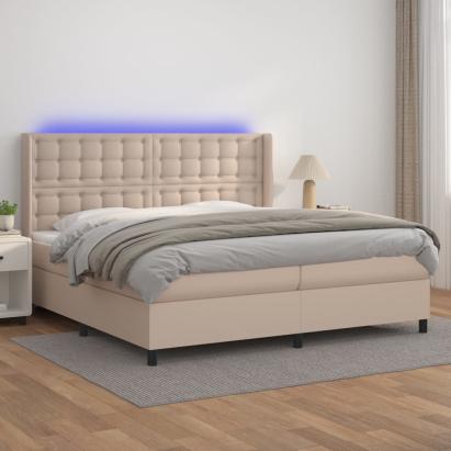 Pat cu arcuri, cu saltea și LED cappuccino 200x200 cm piele eco GartenMobel Dekor