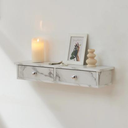 Wandregal Geeste 60x15x10 cm mit 2 Schubladen Marmoroptik, weiß [en.casa]