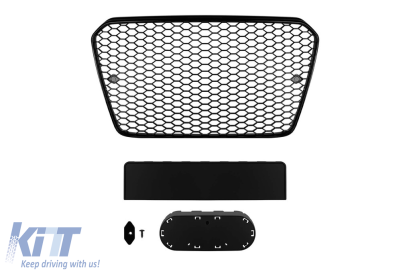 Grilă tip RS5 cu lac negru, potrivită pentru Audi A5 2011-2016, cu deschideri pentru senzorii de parcare Performance AutoTuning