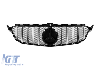 Grilă tip GT crom/neagră potrivită pentru Mercedes Clasa C W205 sedan, S205 break, C205 coupe 2014-2018 cu deschidere pentru cameră Performance AutoTuning