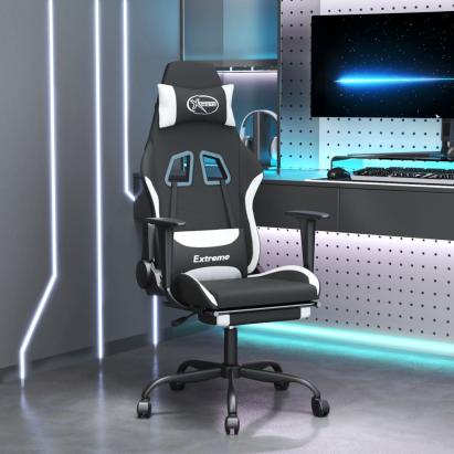 Scaun de gaming cu suport picioare, negru și alb, textil GartenMobel Dekor