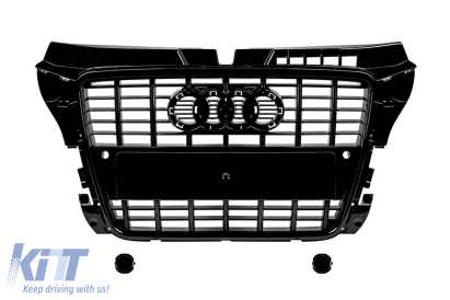 Grilaj lacuit negru tip S3 potrivit pentru Audi A3 2008-2011 pentru modelul echipat cu bara de protecție frontală standard, cu bază pentru emblemă, cu deschideri pentru senzori de parcare Performance AutoTuning