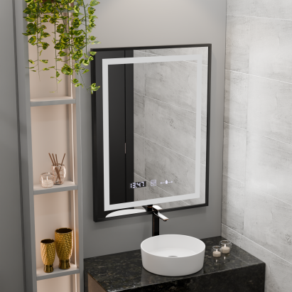 Oglindă LED baie 50x70 cm negru mat, dezaburire, ceas, termometru