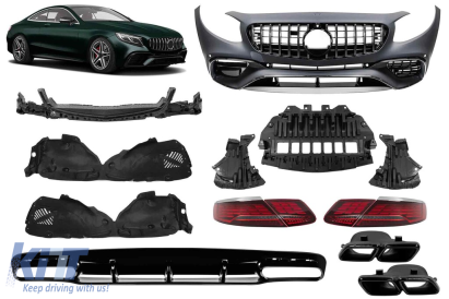 Un pachet de design tip 63 potrivit pentru Mercedes S-Class C217 coupe 2014-2017 cu lumini de stop LED viziune Facelift și țevi de eșapament negre pentru modelul echipat cu bara spate A Design Line. Performance AutoTuning