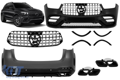 Un pachet de tip design 63 potrivit pentru Mercedes GLE W167 2019-2023, după 2024 cu grilă GT crom/negru și ieșiri de evacuare negre Performance AutoTuning