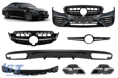 Un pachet de design tip E63 potrivit pentru Mercedes E-Class W213 2016-2019 cu capete cromate și garnitură neagră, pentru modelul cu bara de protecție spate standard. Performance AutoTuning