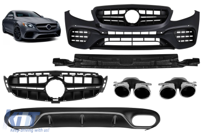 Un pachet de design tip E53 potrivit pentru Mercedes E-Class C238 coupe, A238 cabrio 2017-2019 cu capete cromate și garnitură cromată, pentru modelul cu bara de protecție sport A Design spate. Performance AutoTuning