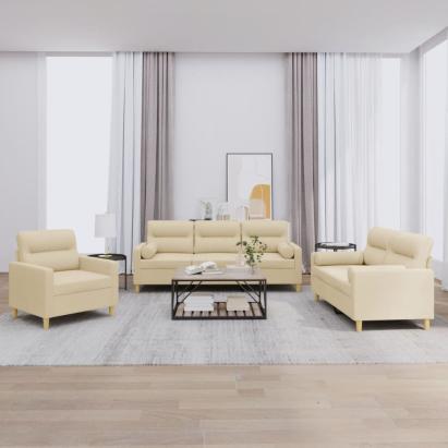 Set de canapele cu perne, 3 piese, crem, textil GartenMobel Dekor