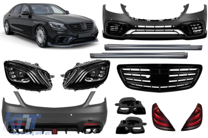 Conversie de tuning B design de la Mercedes S-Class W222 Long 2013-2016 la S-Class W222 Facelift 2017-2020 cu praguri, cu faruri, cu stopuri, cu grilă neagră Performance AutoTuning