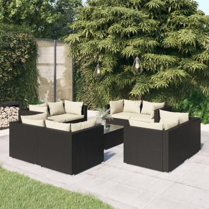 Set mobilier de grădină cu perne, 9 piese, negru, poliratan GartenMobel Dekor