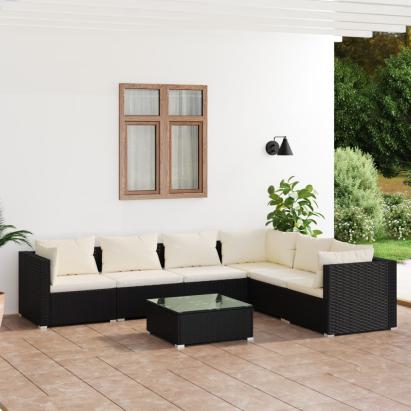 Set mobilier de grădină cu perne, 7 piese, negru, poliratan GartenMobel Dekor